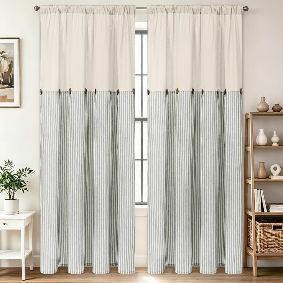 BLEUM CADE Farmhouse Curtains for Living Room, Boho Rustic Bedroom Curtains with Buttons, Cotton Linen Green Stripe Country Window Curtain Panels, Back Tab Drapes for Windows 52 x 84 Inch, 2 Panels