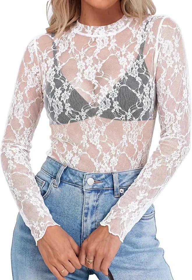 Elesomo Womens Lace Tops Mesh Long Sleeve Shirts Sheer Undershirt