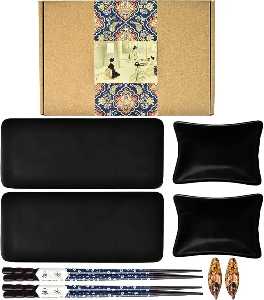 Artcome 8-teiliges Keramik-Sushi-Teller-Set im japanischen Stil mit 2 Sushi-Tellern, 2 Saucenschalen, 2 Paar Essstäbchen, 2 Essstäbchenhalter