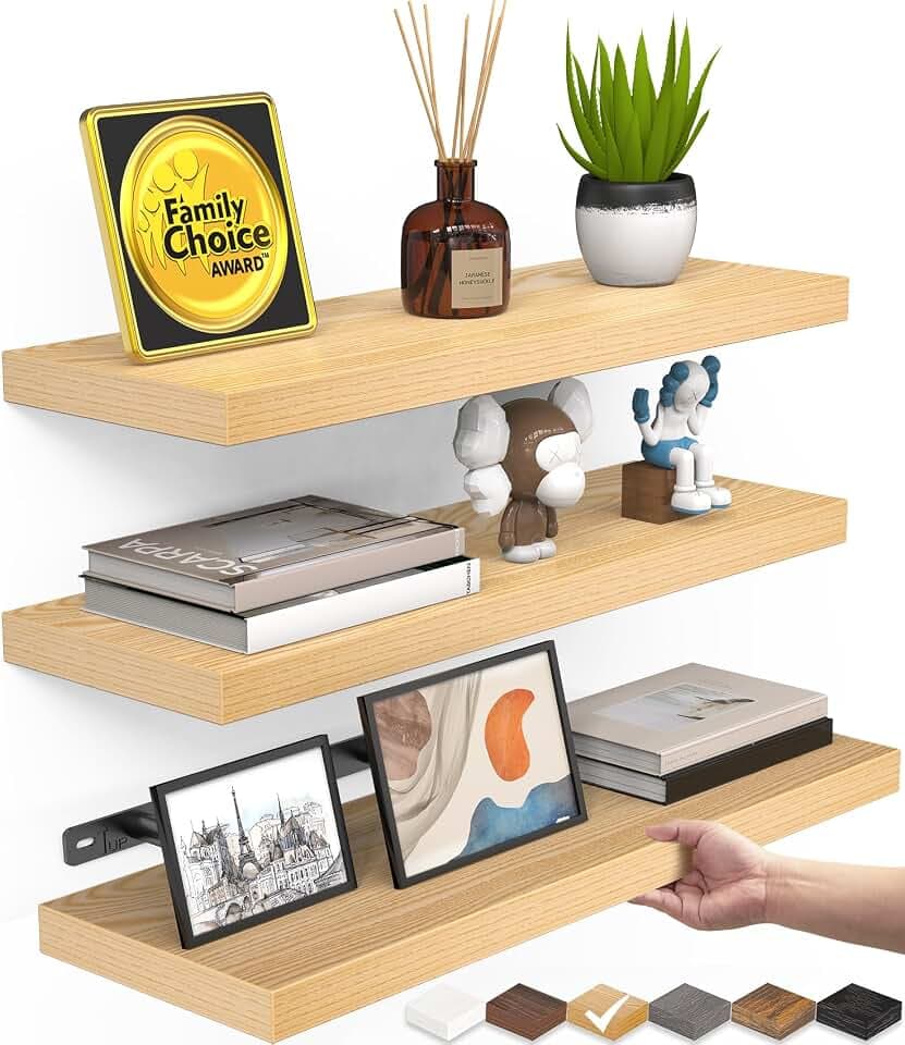 BAYKA Light Oak-Toned Floating Shelves 15.7in, Set of 3, Wall Mounted Shelf