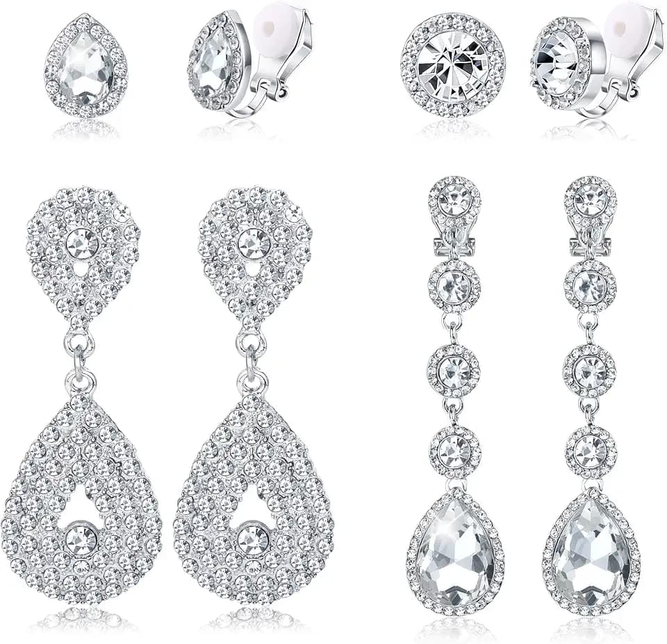 Jstyle 4 Pairs Silver Clip on Earrings for Women Elegant Rhinestone Clip on Earrings Dangle Drop for Brides Bridesmaids Non Pierced Earrings Set