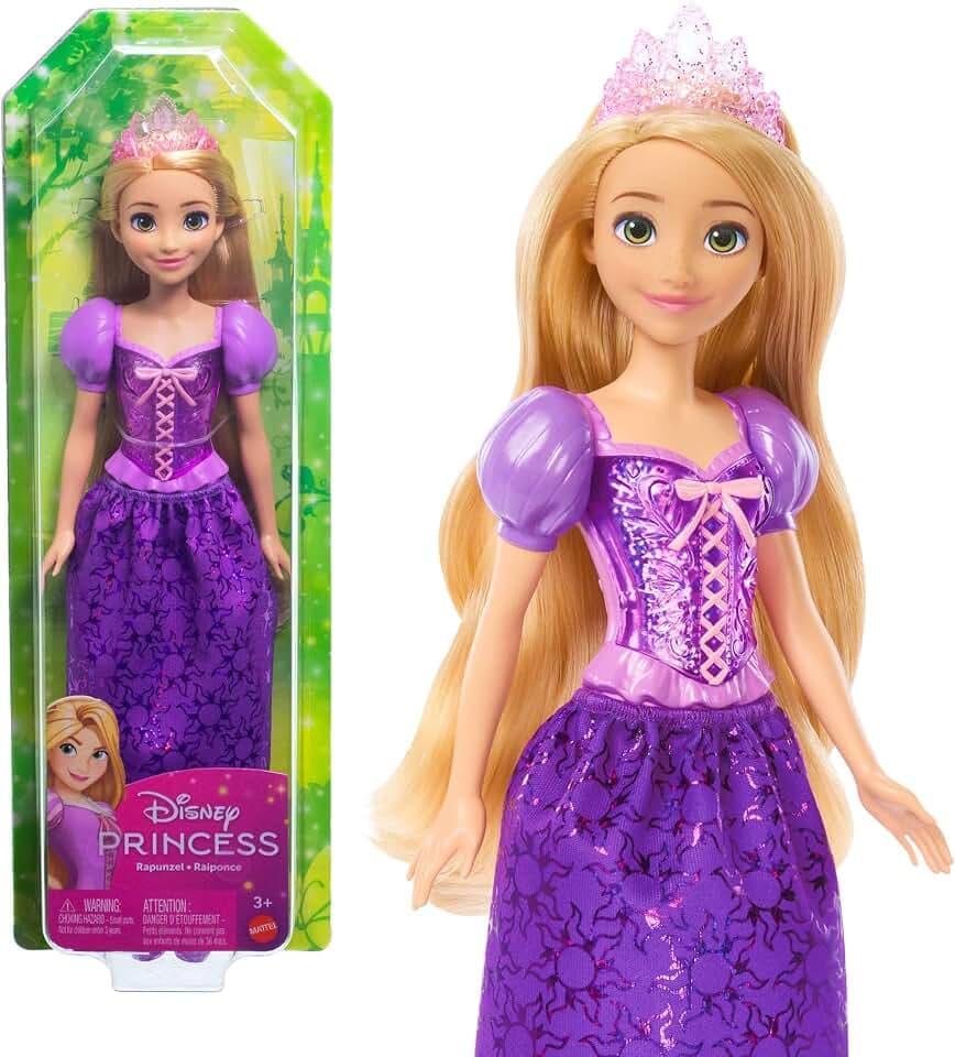 DISNEY Prinzessin Rapunzel-Puppe - Bewegliche Modepuppe mit typischem Outfit, abnehmbaren Schuhen und Diadem, lange Haare zum Frisieren, für Kinder ab 3 Jahren, HLW03