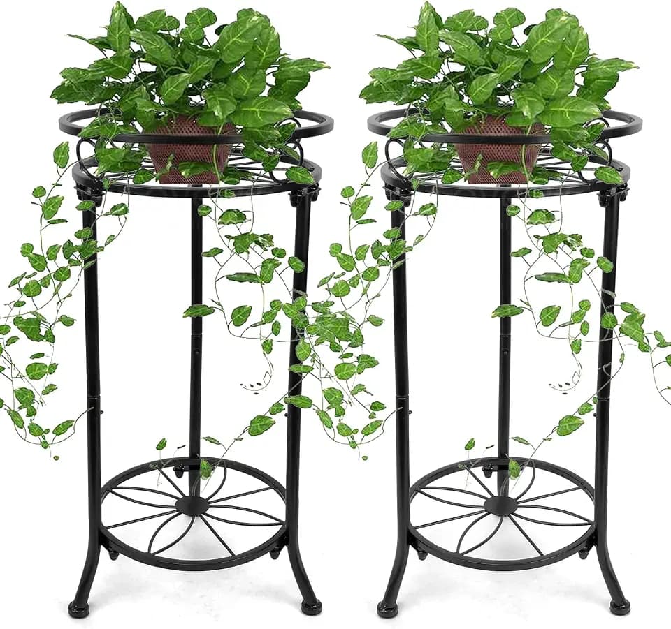 2 Pack 2 Tier Plant Stands for Indoor Outdoor Plants, 20.3" Tall Metal Plant Stand with Flower Pot Holder, Corner Plant Rack Display Shelf for Living Room, Patio, Balcony, Garden-Black