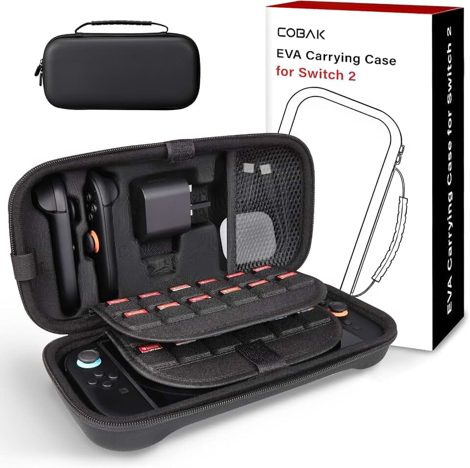 CoBak Large Capacity Carrying Case for Nintendo Switch 2 ( 2025 ) , Ultra Slim Premium EVA Travel Pouch with 24 Game Cartridges, Adapter and Joy-Con Storage, Accessories Storage Bag, Black