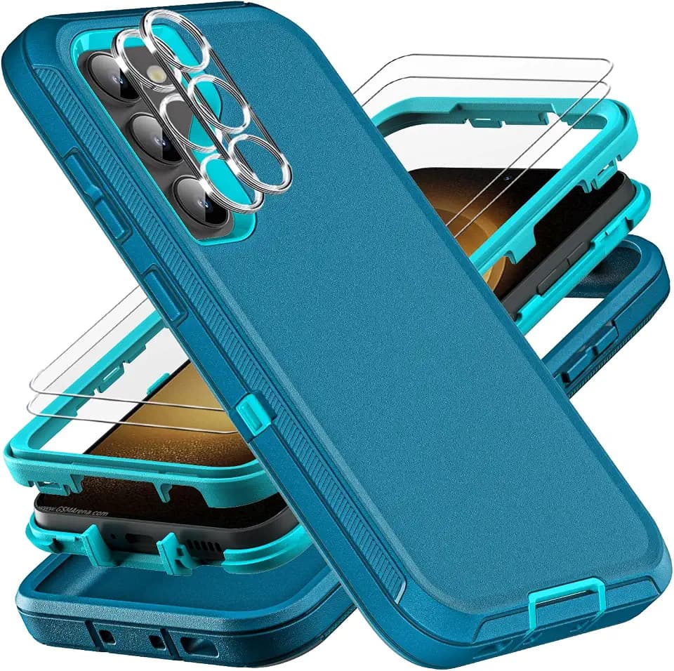 YKHJKLEC for Samsung Galaxy S23 Plus Case, Military Grade 3 in 1 Heavy Duty Shockproof/Drop Proof/Dust Proof Case with 2Pcs Tempered Glass Screen Protector & Camera Lens Protector (Blue/Turquoise)