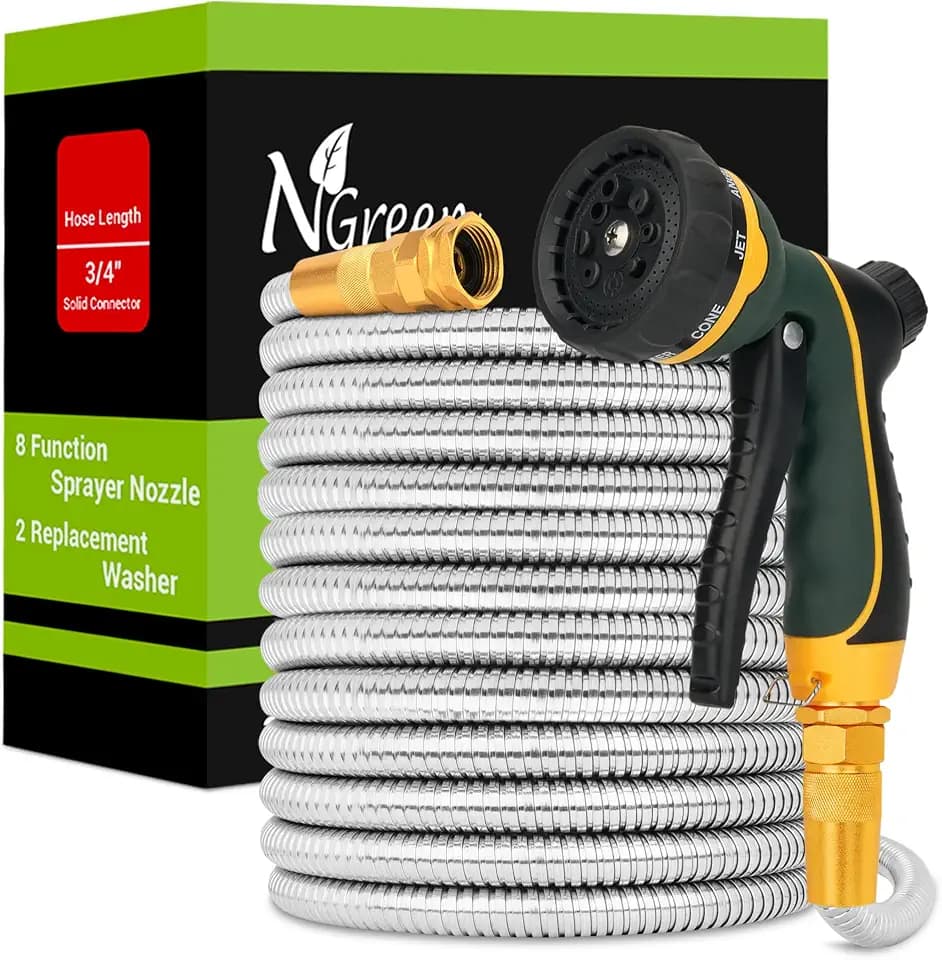 Garden Hose Metal 100FT – Heavy Duty 304 Stainless Steel Water Hose with 8-Pattern Nozzle, Lightweight, Flexible, Puncture Proof, Kink-Free, High Pressure, Solid Metal Fittings for Yard, Outdoors, RV