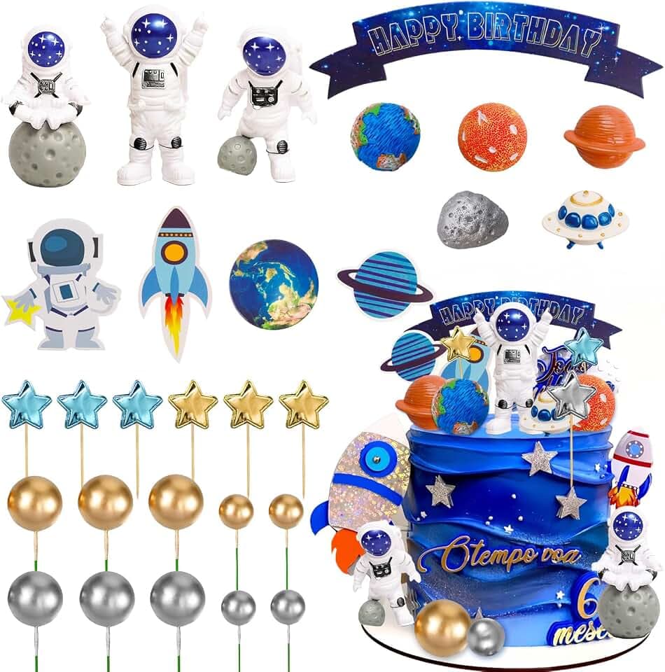 Astronaut Figurines Cake Toppers 32Pcs Outer Space Cake Decorations Spaceman Figures Planet Rocket Stars and Satellite Balls for Two The Moon First Trip Around the Sun Birthday Baby Shower
