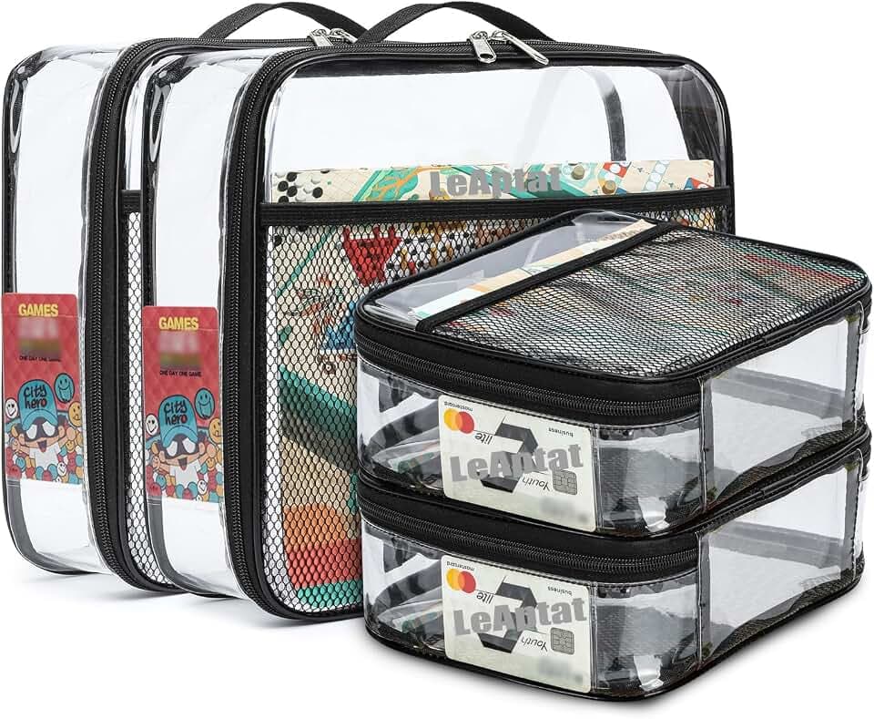 4 Pack Clear PVC Waterproof Toy Storage Bags with Name Tag Pockets - Zippered Organizer for 2x4 Building Blocks, Puzzles, Travel Toiletries, Kids Room Organization (Black, S & M)