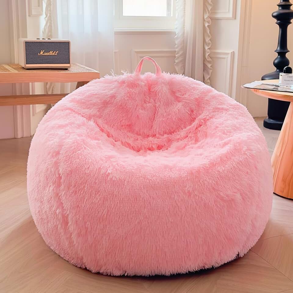 XeGe Comfy Fluffy Faux Fur Decorative Bean Bag Chair Cover(No Filler), Pink