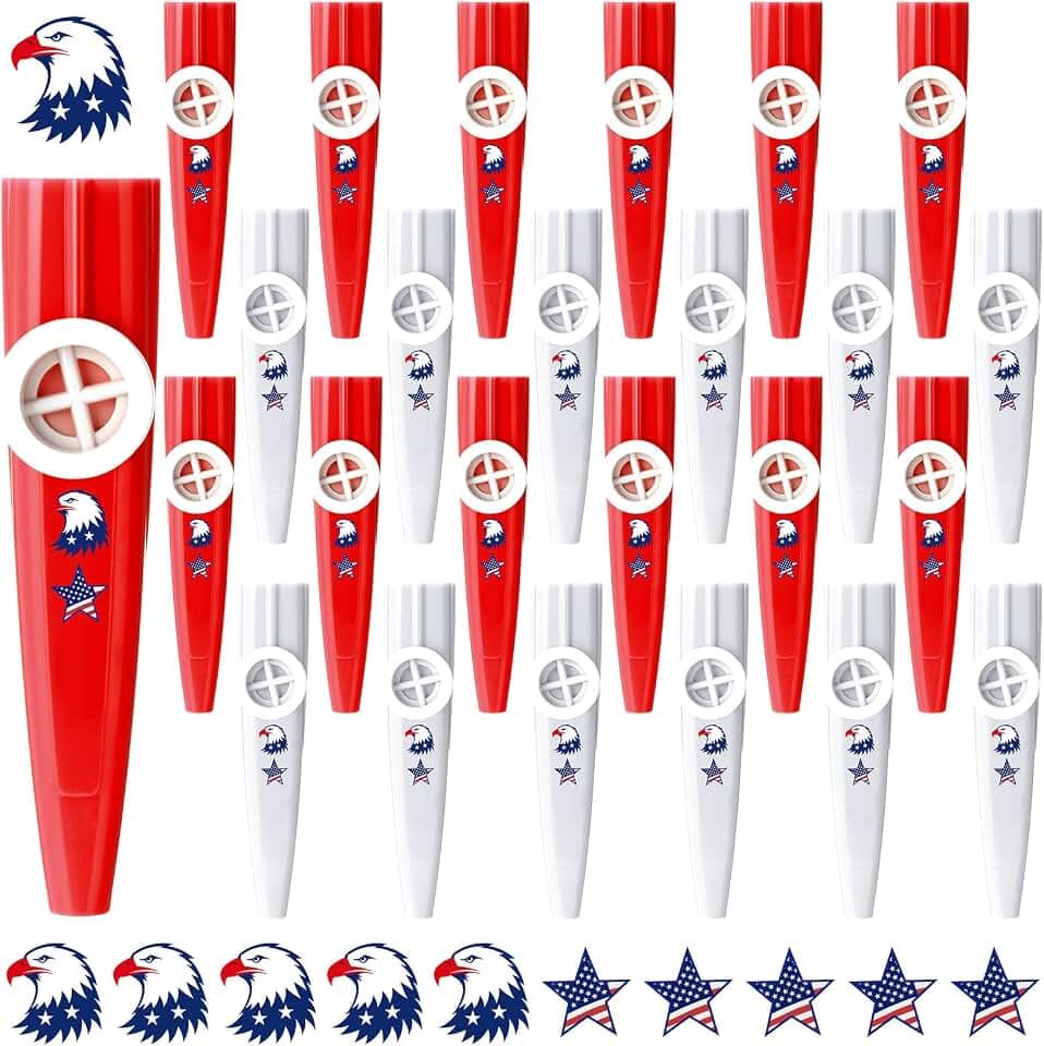 48 Pcs Kazoo Bulk Patriotic Party Favors with American Flag Star Stickers Plastic Musical Instruments Toys for Veterans Day Party Supplies