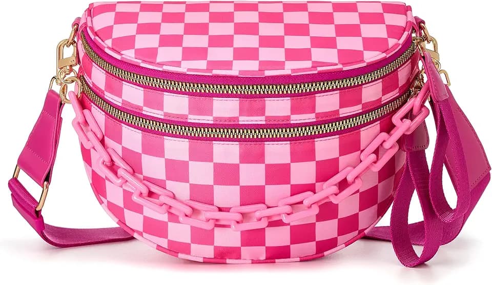 Spacious Checkered Nylon Crossbody Bag Bum Bag Checkered Handbag for Women