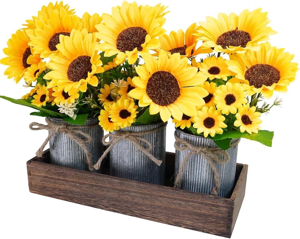 Winlyn Set of 3 Artificial Sunflowers Metal Pot Centerpiece Farmhouse Sunflowers Floral Arrangements with Rectangle Wooden Planter 11" for Rustic Wedding Spring Summer Home Kitchen Table Shelf Décor