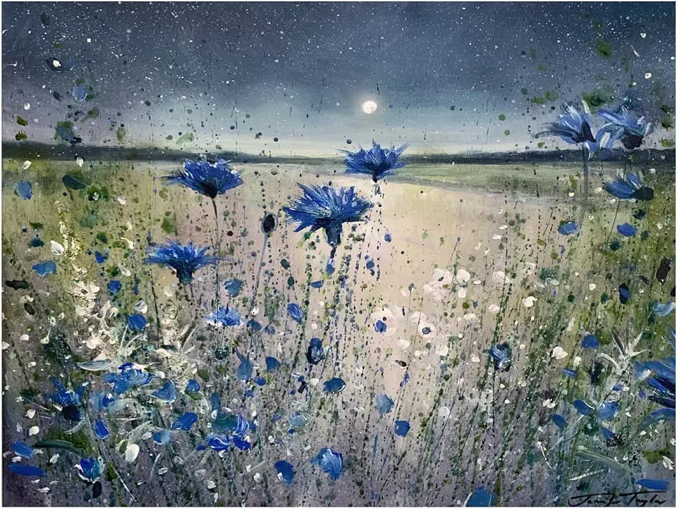 Trademark Fine Art Canvas Wall Art - Jennifer Taylor Art 'Cornflowers and The Moon No 1' Wall Art for Living Room, Bedroom, or Office Décor