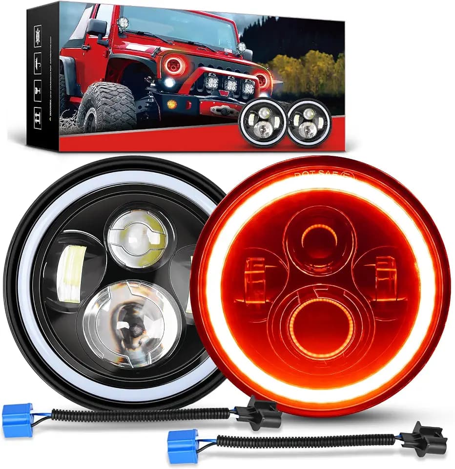 Nilight 2PCS 7 Inch LED Halo Headlights w/Turn Signal Amber Red DRL
