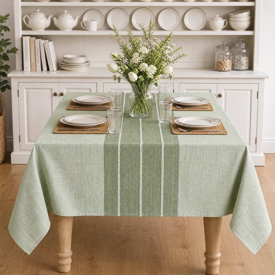 Horaldaily Sage Green Rustic Burlap Tablecloth 60×84 Inch Rectangular