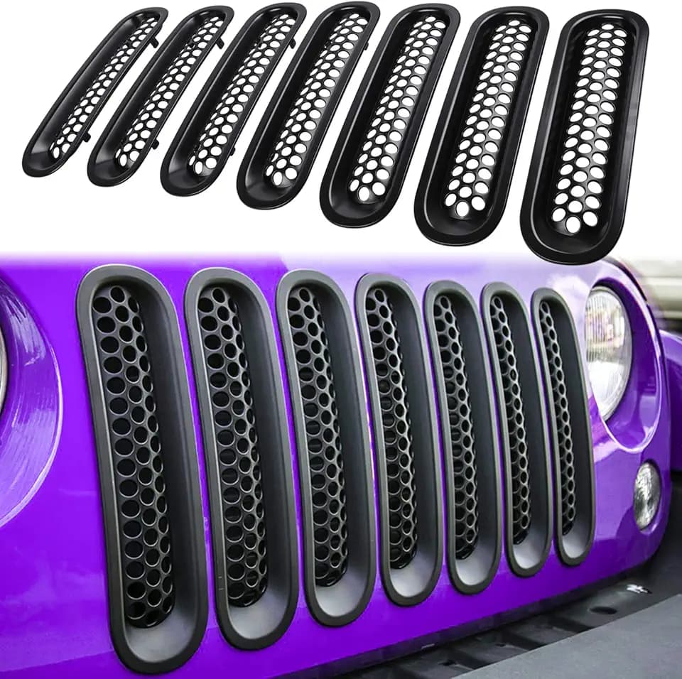 7PCS Front Grill Mesh Inserts for Jeep Wrangler JK JKU Unlimited 2007 2008 2009 2010 2011 2012 2013 2014 2015 2016 2017 2018 Grille Guard Cover Trim Clip-in Exterior Accessories (Matte Black)