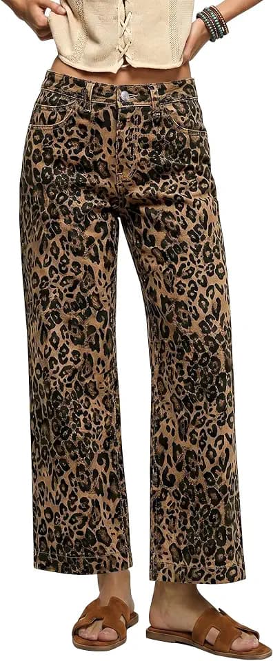 luvamia Wide Leg Jeans for Women Leopard Cheetah Print Ankle Denim Pants