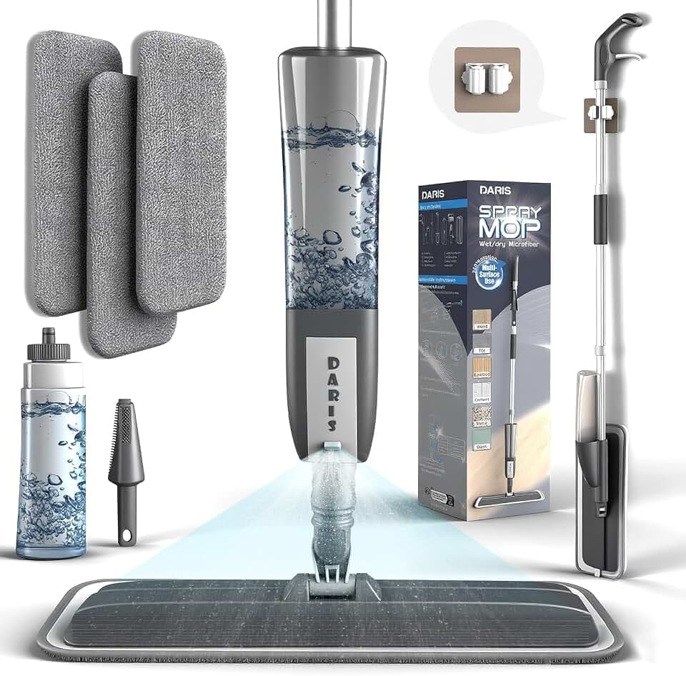 Grauer 360 Grad rotierender Sprühmopp, Wischer mit Sprühfunktion, Bodensprühwischer mit 3 waschbaren Mikrofaserpads, 400 ml große nachfüllbare Flasche und Schaber