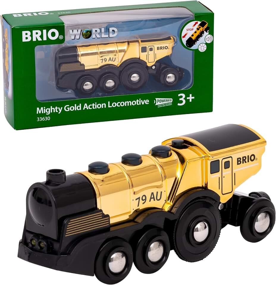 BRIO World Goldene Batterielok mit Licht und Sound - Spielzeug ab 3 Jahre | Elektrische Lok mit Licht & Sound, BRIO Holzeisenbahn-Zubehör, Kleinkindspielzeug, Geschenk für Jungen und Mädchen
