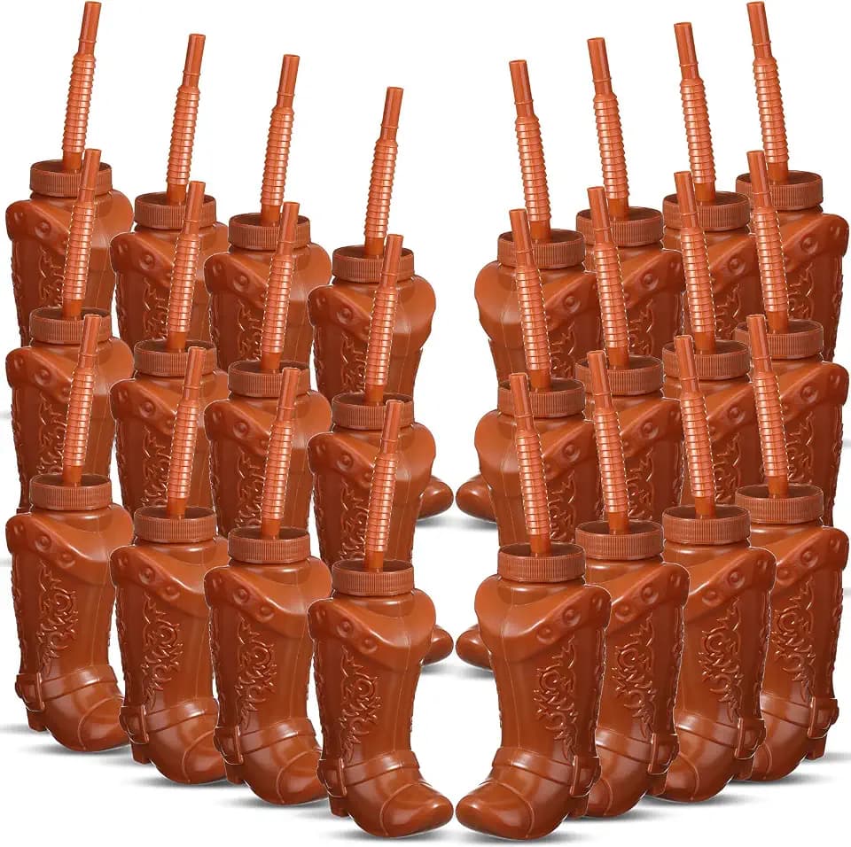Hoolerry 24 Pcs Cowboy Boot Cups with Lids and Straws, Brown