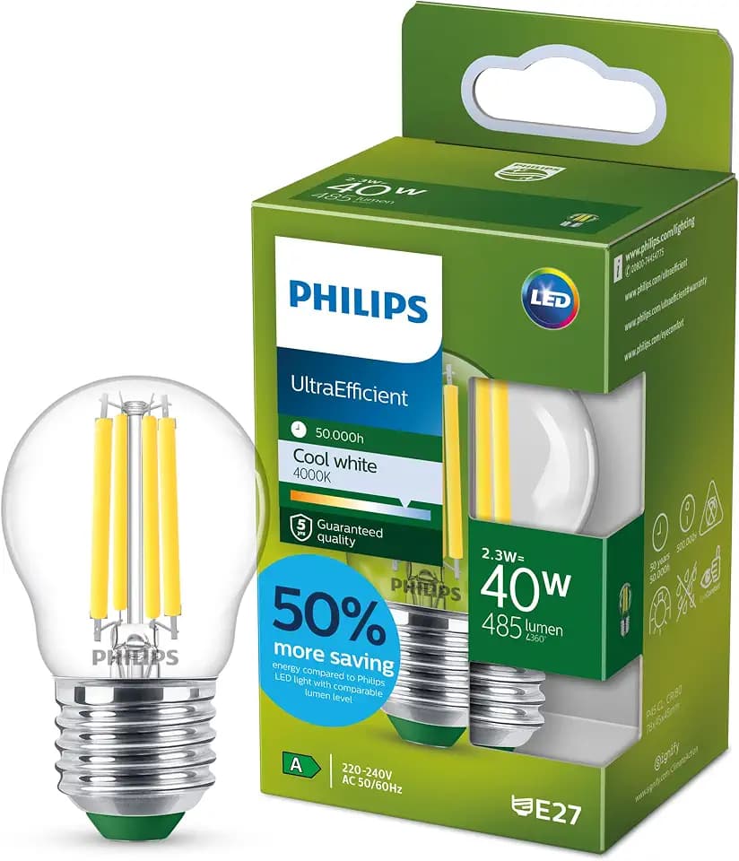 PHILIPS Ultra Efficient – Ultra-energiesparende Lampe, LED-Lichtquelle, E27, ersetzt 40W, klar, kaltweiß, Tropfenform