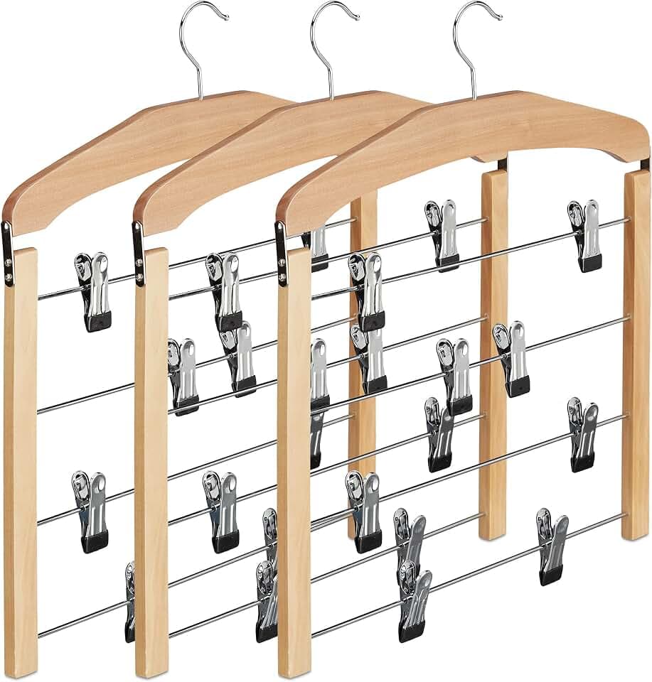 Relaxdays Rockbügel 3er Set, Hosenbügel Holz, 360° drehbarer Haken, Kleiderbügel rutschfest, HBT: 45,5x39x2,5 cm, Natur, Pack, 3-Einheiten