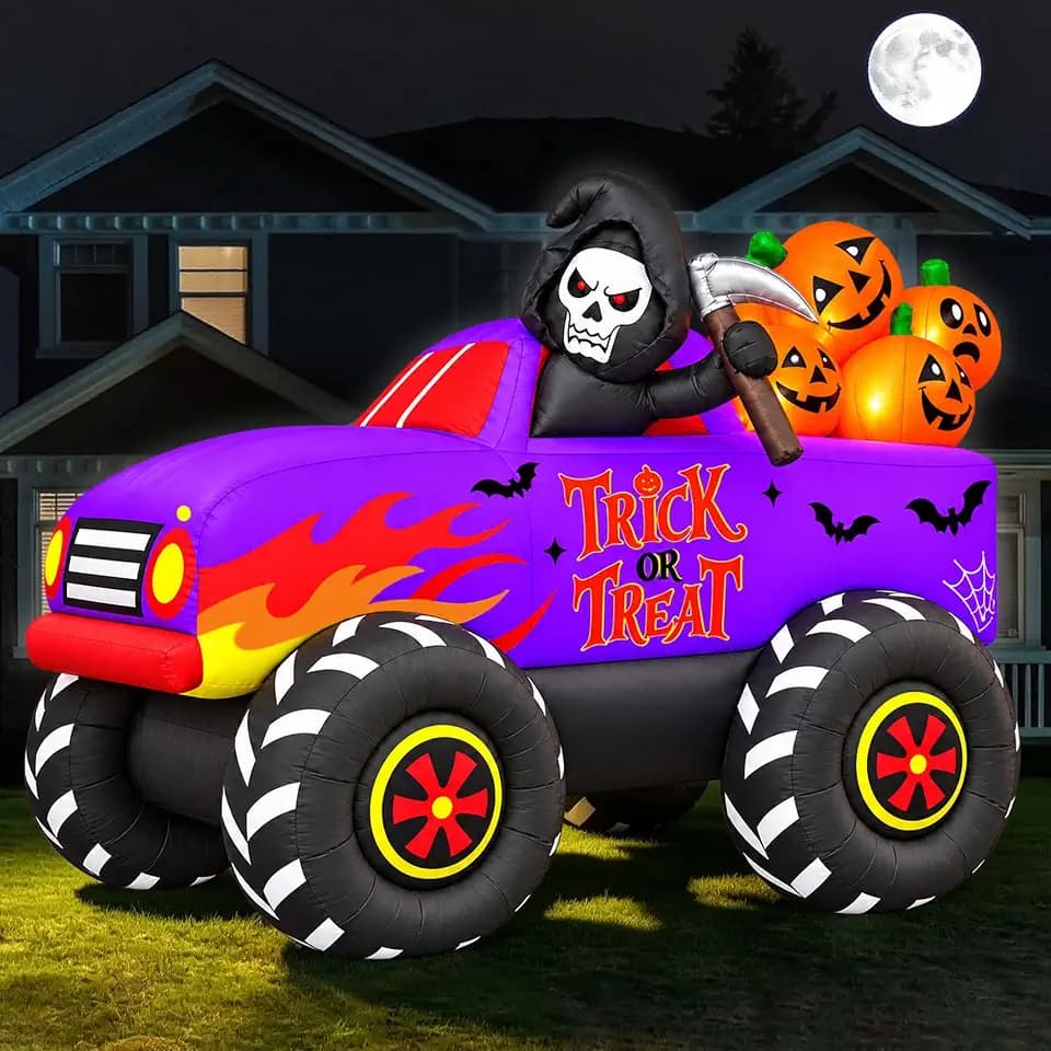 SEASONBLOW 9 FT Long Halloween Inflatables Monster Truck Outdoor Decorations, Light Up Blow Up Grim Reaper with Pumpkins on Truck Car for Halloween Party Indoor Outdoor Garden Yard Decor