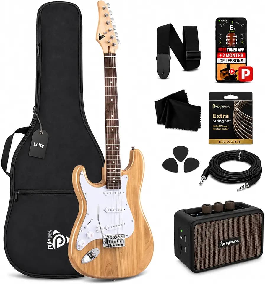 Pyle Left Handed Electric Guitar and Amp Kit - Full Size 39" Starter Kit with Wearable Bluetooth Amplifier, 1/4” Cable, Zip Case, Strap, Strings, Picks, Cleaning Cloth, ST-Style (Natural Lefty)
