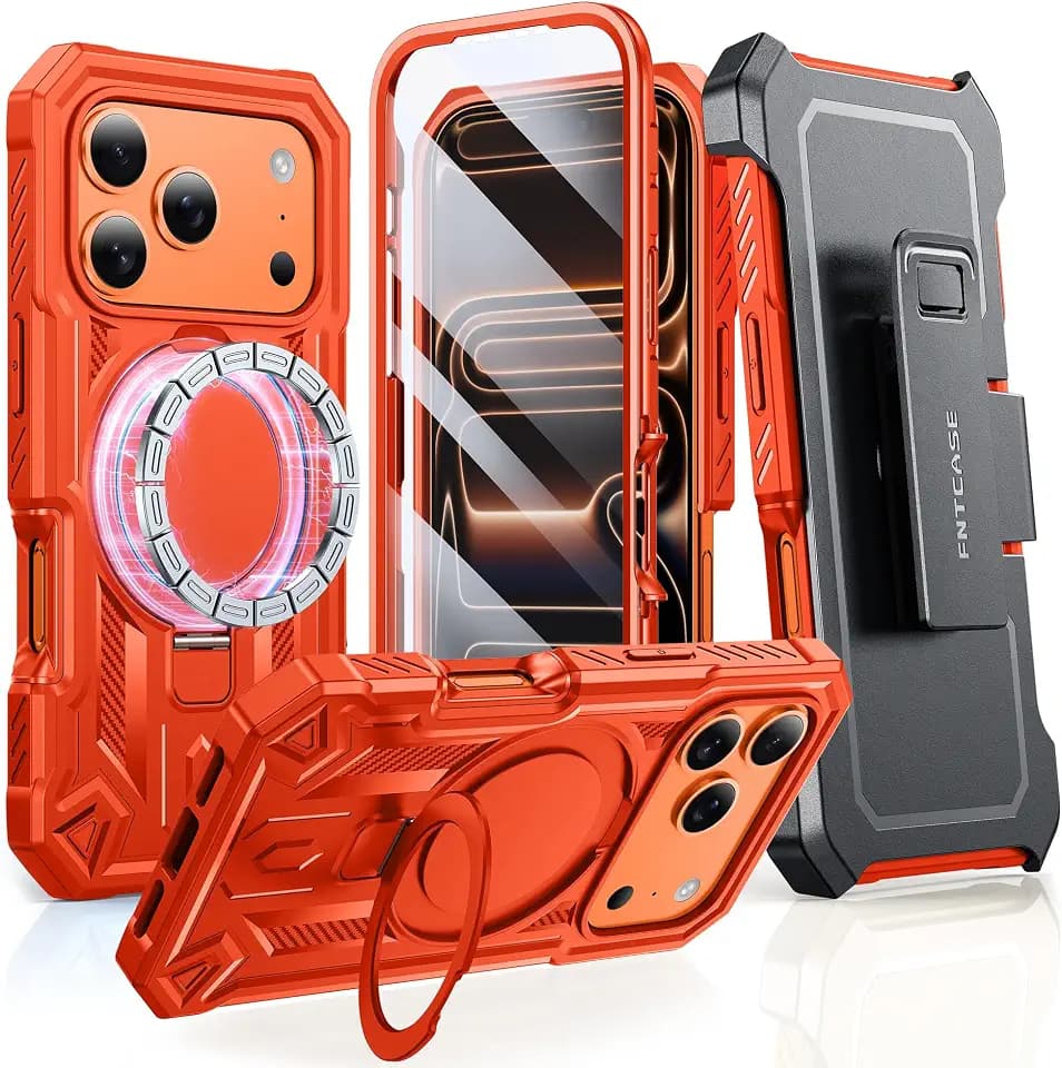 FNTCASE for iPhone 17 Pro-Max Case Fit for MagSafe with Belt Clip Orange
