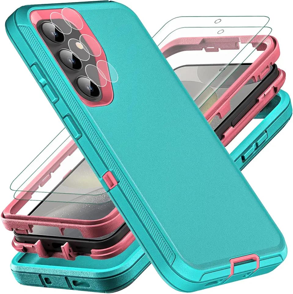 YKHJKLEC for Samsung Galaxy S24 Case, with 2Pcs [Self Healing Flexible TPU Screen Protector & Camera Lens Protector] Military Grade 3 in 1 Heavy Duty Case for S24 (Aqua Blue/Pink)