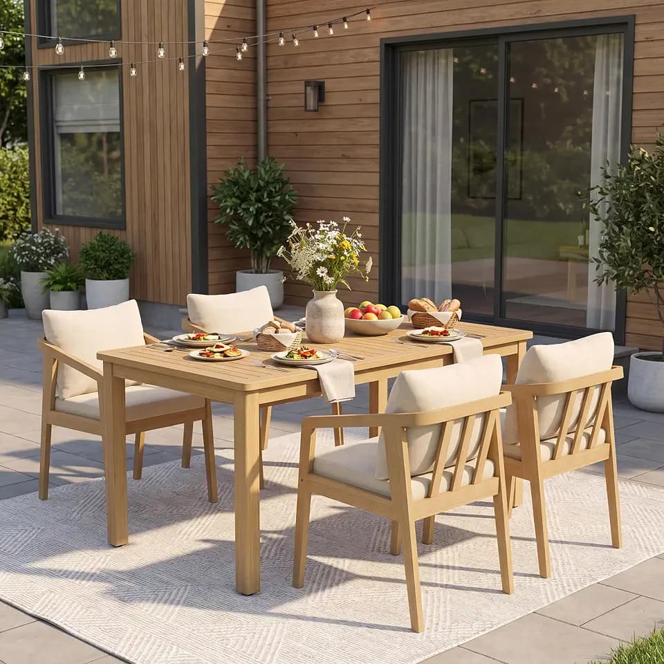 Wisteria Lane 5-Pieces Acacia Patio Table and Chairs Set for 4, Outdoor Dining Set with Umbrella Hole Table, Modern Patio Table Set with Cushion, Patio Furniture Set for Backyard Deck Garden Porch