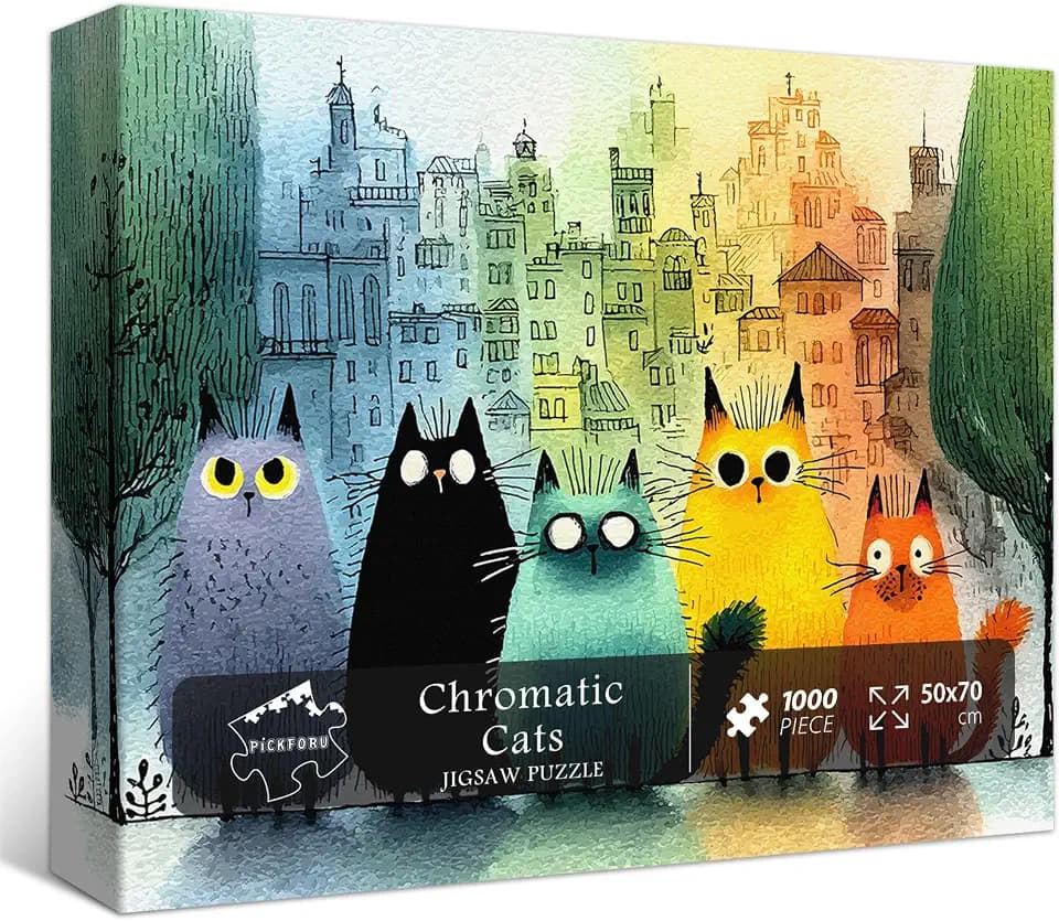 PICKFORU Gradient Cat Puzzles for Adults 1000 Pieces, Colorful City Jigsaw Puzzle, Cute Kitten Puzzle as Wall Art Decor
