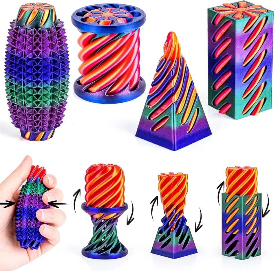 3D-gedrucktes Fidget-Spielzeug-Set, unmöglicher Spiralkegel und kleine Ouchies, Schmerzlinderung für Kinder und Erwachsene, Stress-Angstlinderung, lustige Geschenke, Farbverlauf + goldrot, 4 Stück
