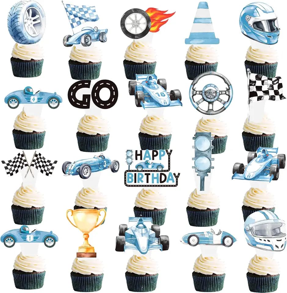Racing Car Birthday Cupcake Toppers 48Pcs Blue Race Car Birthday Party Decorations Checkered Flag Cupcake Picks Race Car Birthday Party Supplies for Racing Themed Baby Shower Decor