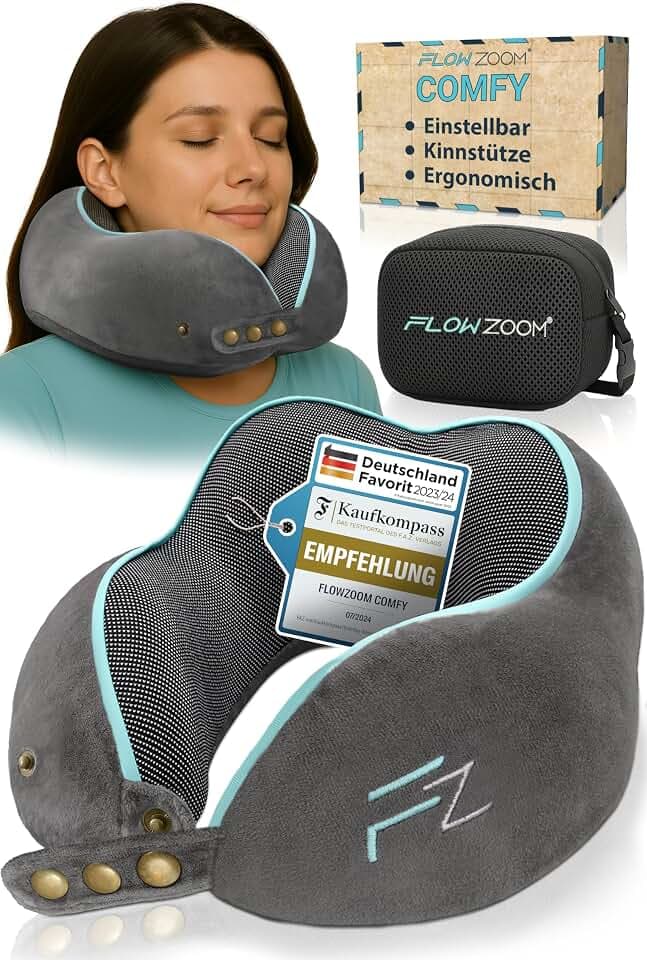 FLOWZOOM Comfy Nackenkissen Flugzeug & Auto - Einstellbares Memory Foam Reisekissen mit flexiblen Druckknöpfen für 360° Stütze, atmungsaktiver weicher Bezug - inkl. Transportbeutel - Grau