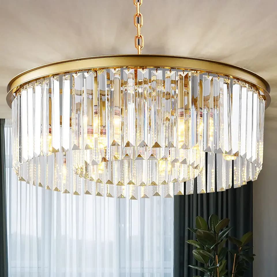 Gold Modern Crystal Chandelier, 2-Tier Round Flush Mount Ceiling Light Fixtures Height Adjustable Pendant Lighting for Dining Room Living Room Bedroom Kitchen Hotel Foyer