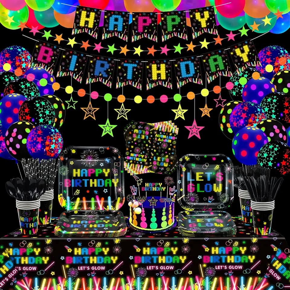 241 PCS Party Supplies Neon Glow Tableware Set - Neon Balloons, Glow in The Dark Birthday Banner, Star Cake Toppers for Blacklight Party Decorates 20