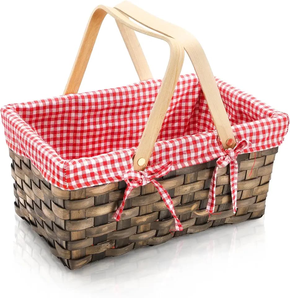 Yesland Small Picnic Basket, Woven Basket with Double Folding Handles, Wicker Basket & Organizer Blanket Storage with Red and White Liner for Egg Gathering, Wedding, Candy (13.5 x 8.25 x 6.5 Inches)