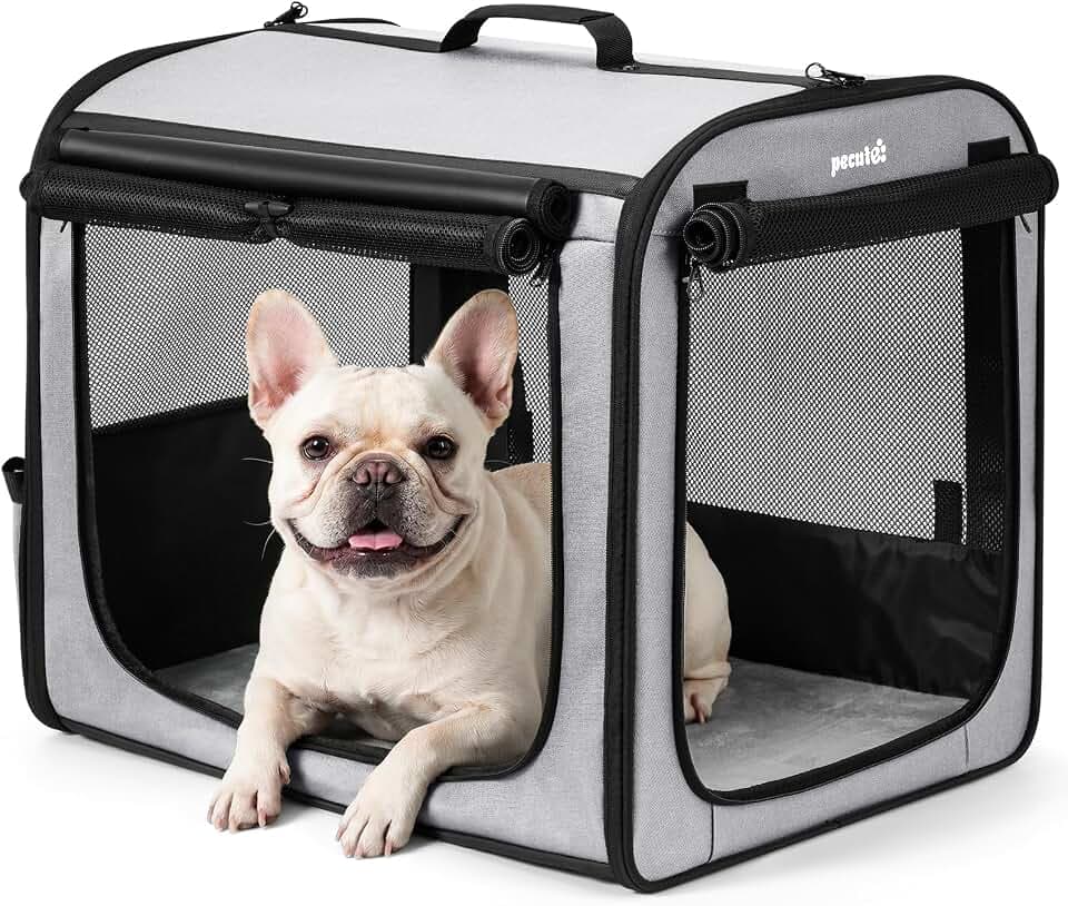 pecute Hundetransportbox Stabil Hundebox Auto Faltbar Transportbox Hund 61 x 52 x 45 cm, Leicht Katzen Transportboxen Atmungsaktiv Hundebox mit Rolltor, Transportbox Zum Autofahren Reisen, Grau