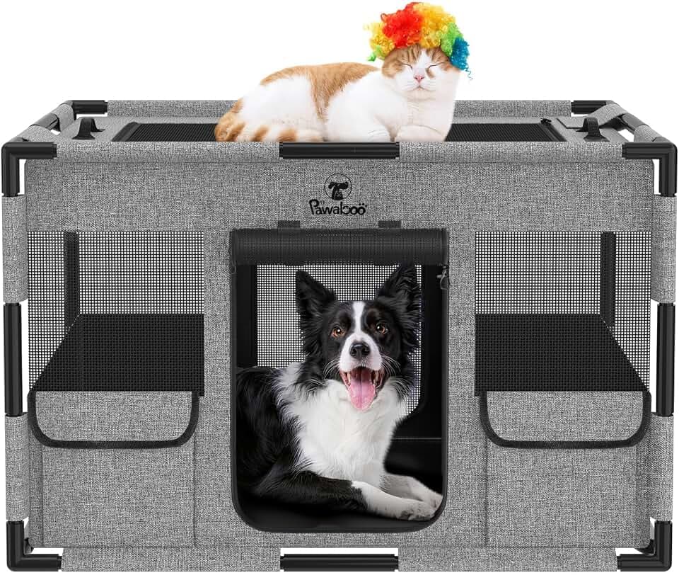 Pawaboo Hundegehege tragbar mit Dach und Tür, M, Grau/Schwarz
