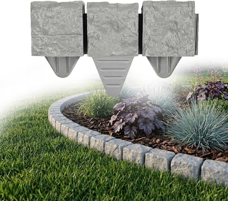 GARDENIX Rasenkante 1.2 m Granit Pflastersteine Optik Grau 10x10x10cm – Beeteinfassung Beetumrandung Beetbegrenzung aus Kunststoff, Gartenzaun Beetzaun Blumenbeet Umrandung