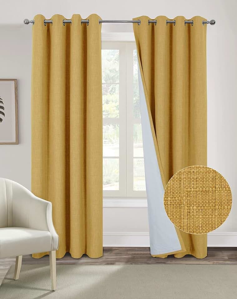 always4u Vorhang Blickdicht 100% mit Ösen, Elegente Gardinen Wohnzimmer Modern Abdunkelnde Vorhänge Schallschutz Schlafzimmer Fenster, Gelb 175x140cm 2er Set