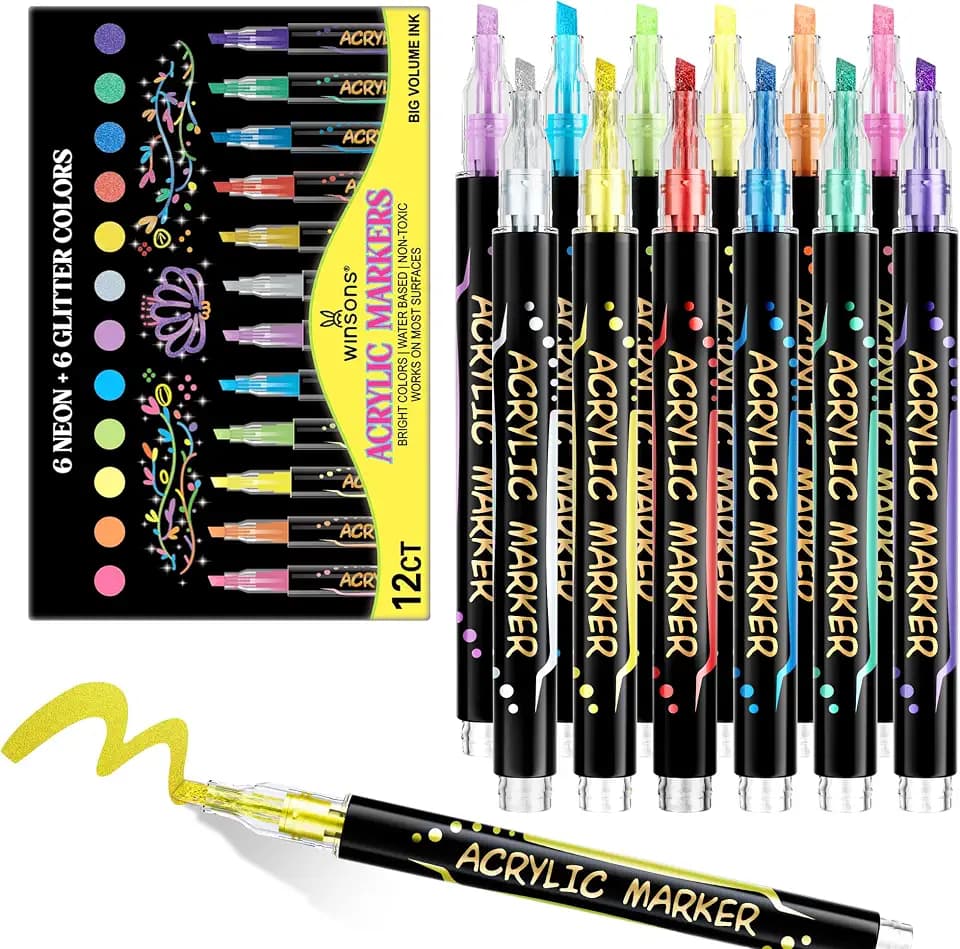 12 Colors Acrylic Paint Markers, 6 Glitter & 6 Neon Fluorescent Pens, Innovative Light-Valve Tech for Instant Flow, Fine Chisel Tip Paint Pens for Journaling, Rock Painting, Cards & DIY Projects