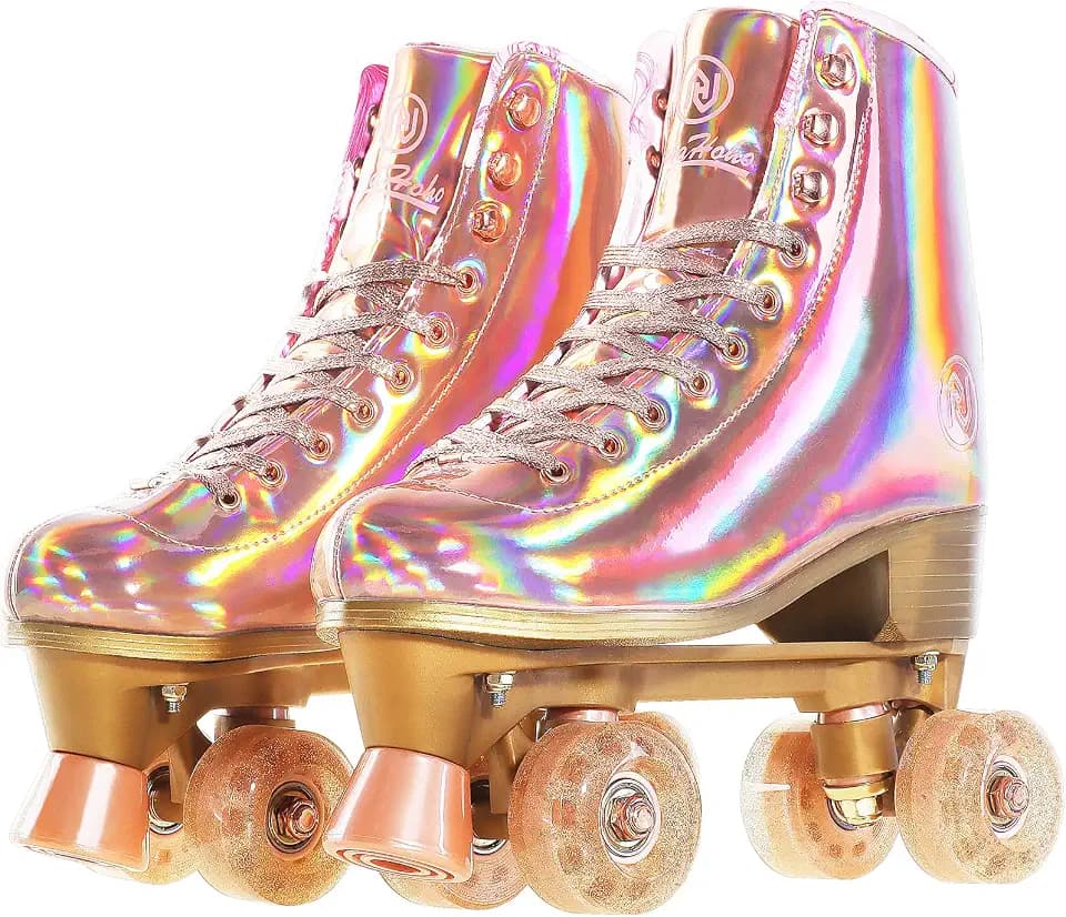 JajaHoho Roller Skates for Women, Holographic High Top PU Leather Rollerskates, Shiny Double-Row Four Wheels Quad Skates for Girls and Age 8-50 Indoor (Pink Rose Gold)