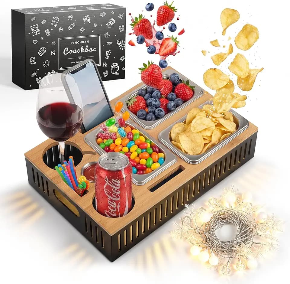 Couchbar Snackbox,Durchbrochen Snackbox mit Fächern&Leuchteffekt,Bambus Sofa Tablett mit 4 Edelstahl-Schalen,Handy- & Getränkehalter,Snackspender mit Abnehmbarer Deckel,Geschenke für Frauen Männer