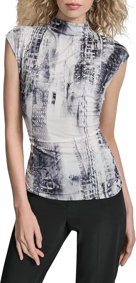 DKNY Women's Sleeveless Mock Neck Jersey Blouse