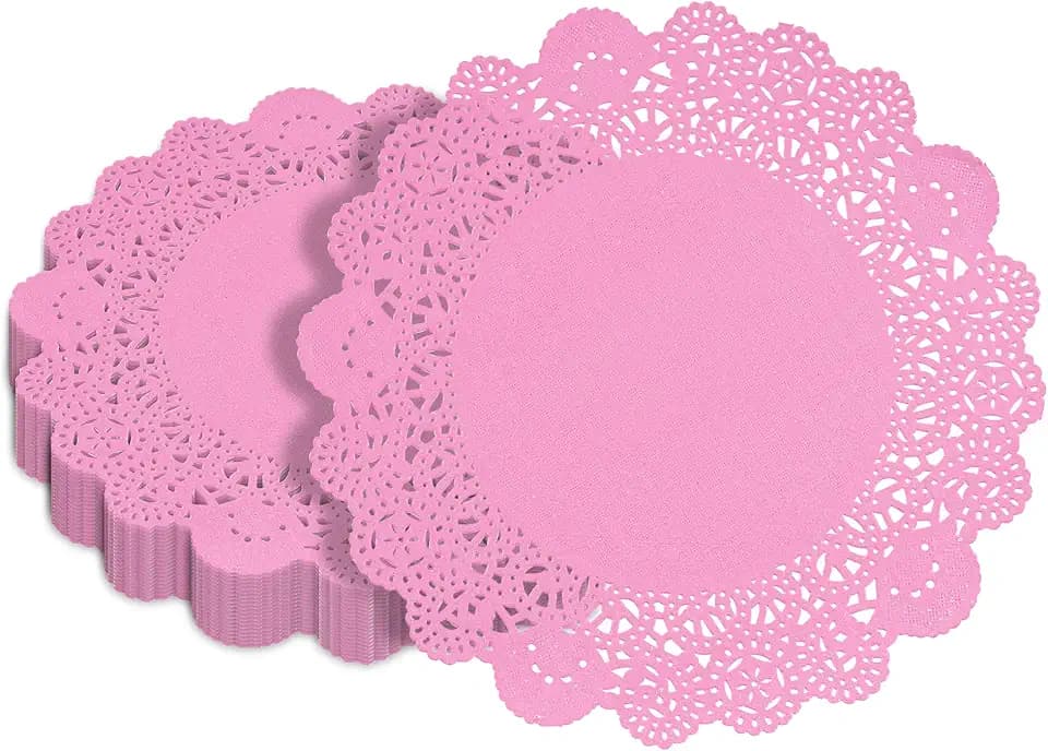 Pastry Tek 8 x 8 Inch Paper Lace Doilies, 100 Disposable Table Doilies - Elegant Lace Finish, Long Lasting, Pink Paper Doily, for Pastries, Cupcakes, Desserts - Restaurantware