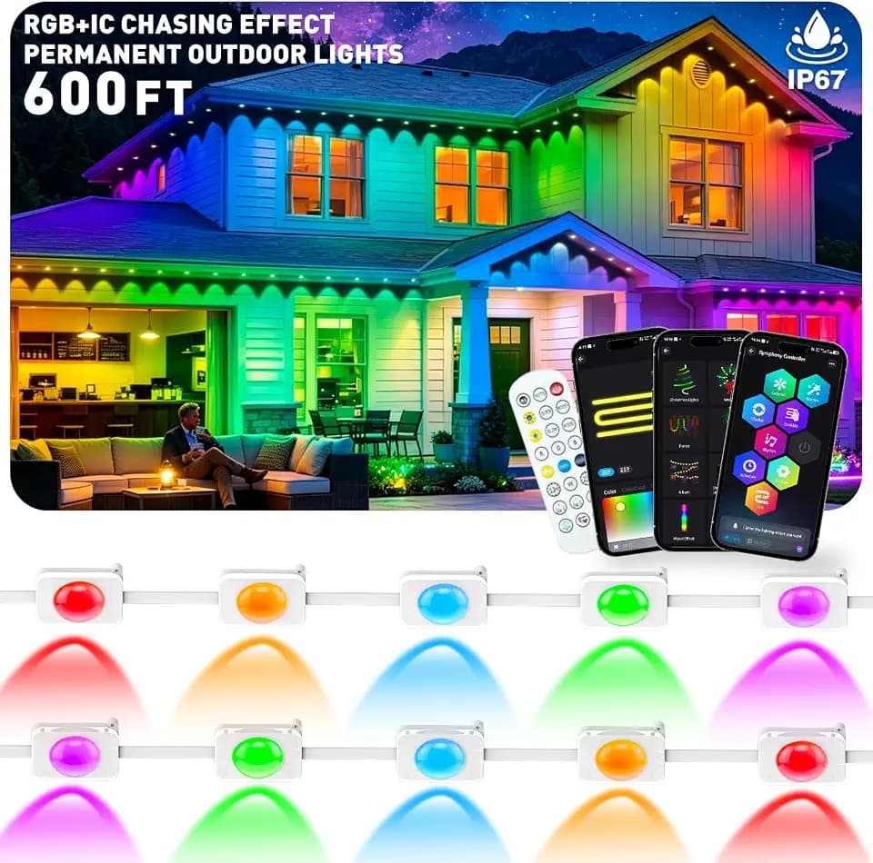 LITSOUL 600FT Permanent Outdoor Lights for House RGB+IC, Chasing Effect Smart RGB+IC Eave LED Lighting with 16 Million Colors, Waterproof Outdoor Strip Lights for Christmas Halloween Holiday Daily