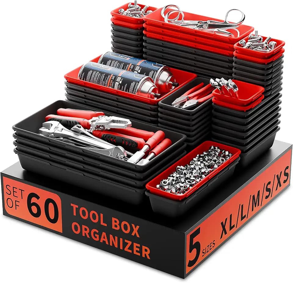Tool Box Organizer Tray, 60 PCS & 5 Sizes, Black and Red