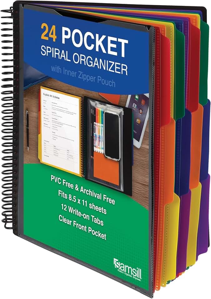 Samsill Spiral Folder Organizer - 12 Dividers & 24 Pockets with Zipper Pouch, Multi Pocket Color Cordinated Folder Binder with Customizable Tabs, Document Organizer (Basic)